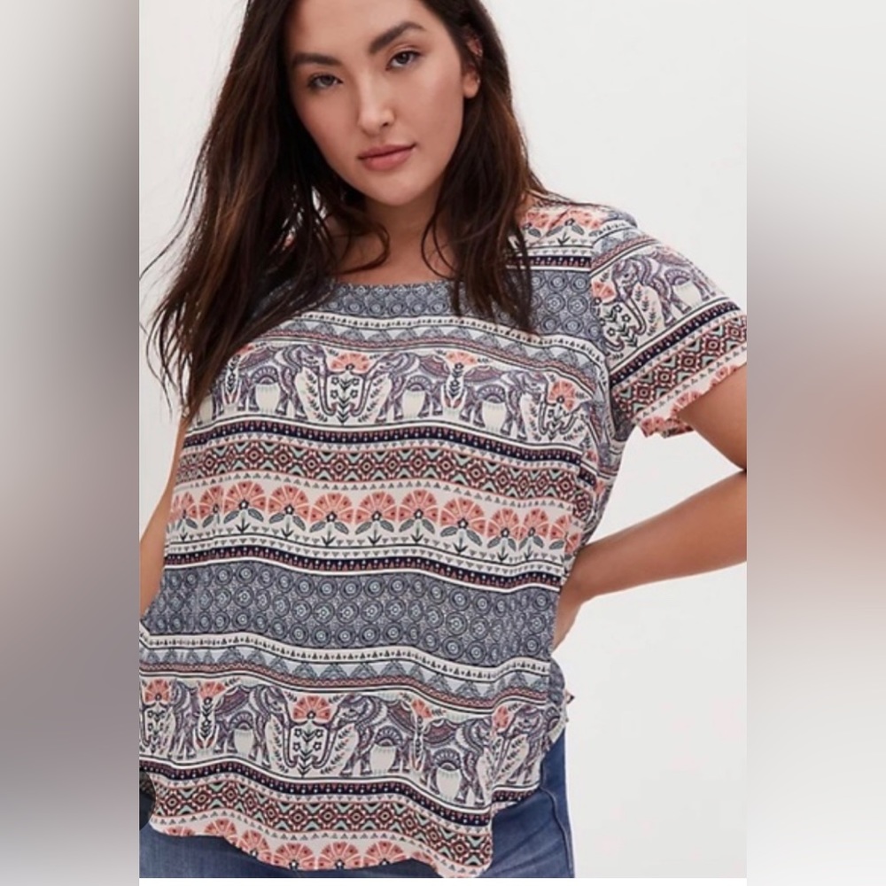 Torrid Elephant Boho Print Short Sleeve Blouse Size 1